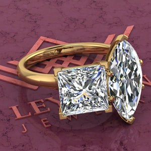 3 Carat Marquise Cut & 2.6 Carat Princess Cut Two-Stone Basket D Color Moissanite Ring