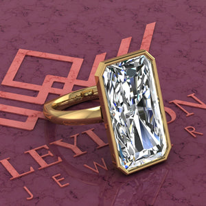 13 Carat Elongated Radiant Cut Bezel Euro Shank Solitaire D Color Moissanite Ring