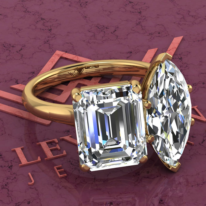 3 Carat Marquise Cut & 4 Carat Medium Emerald Cut Two-Stone Basket D Color Moissanite Ring