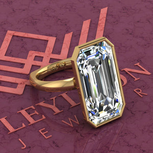 11 Carat Elongated Emerald Cut Bezel Euro Shank Solitaire D Color Moissanite Ring