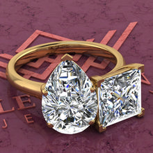 Load image into Gallery viewer, 2.6 Carat Princess Cut &amp; 4 Carat Pear Cut Two-Stone Baske D Color Moissanite Ring