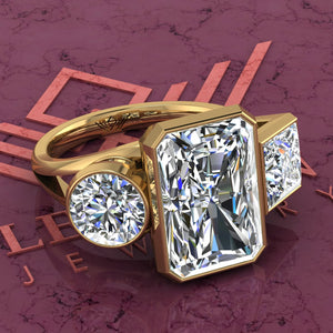 7.4 CTW Medium Radiant Cut Three-Stone Random Shape Bezel D Color Moissanite Ring
