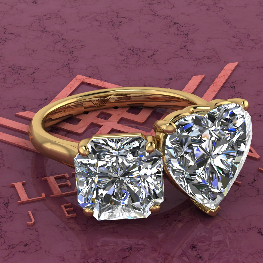 2.5 Carat Square Radiant Cut & 4 Carat Heart Cut Two-Stone Basket D Color Moissanite Ring
