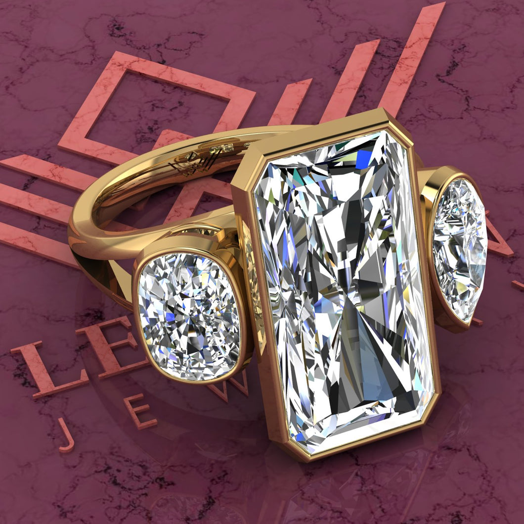 10.2 CTW Elongated Radiant Cut Three-Stone Random Shape Bezel D Color Moissanite Ring