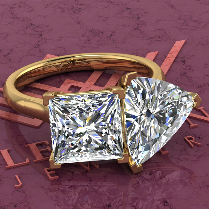 2.6 Carat Princess Cut & 4 Carat Trilliant Cut Two-Stone Basket D Color Moissanite Ring