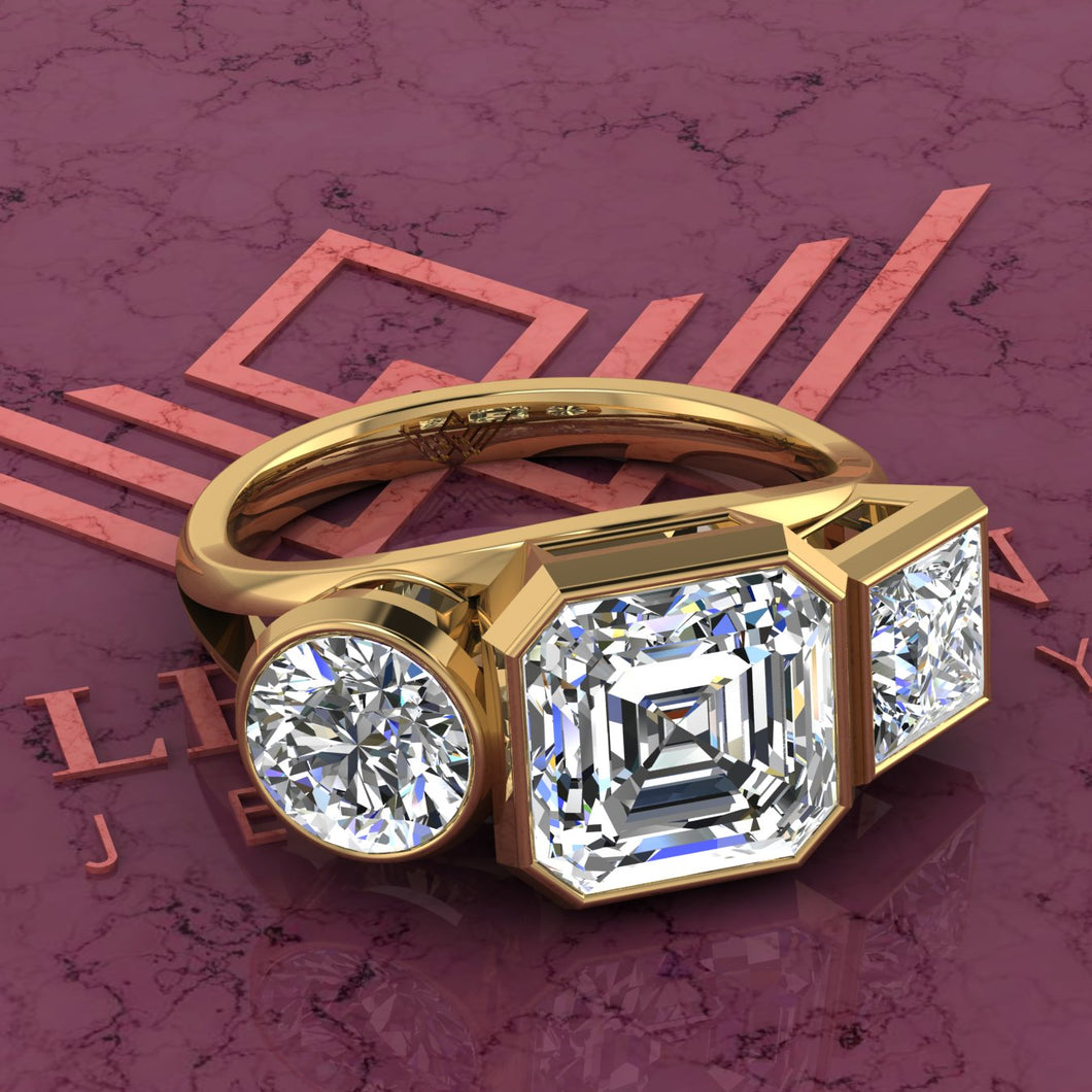 4.1 CTW Asscher Cut Three-Stone Random Shape Bezel D Color Moissanite Ring