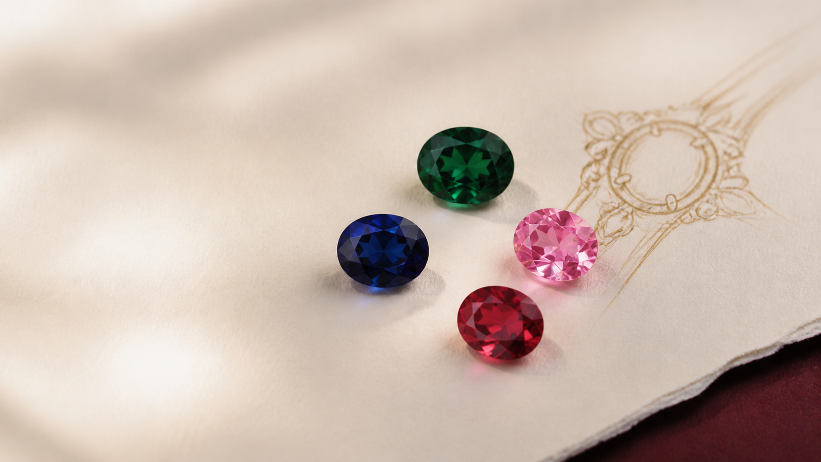 Blue, green, pink, and red loose gemstone design directions beside a jewelry sketch.